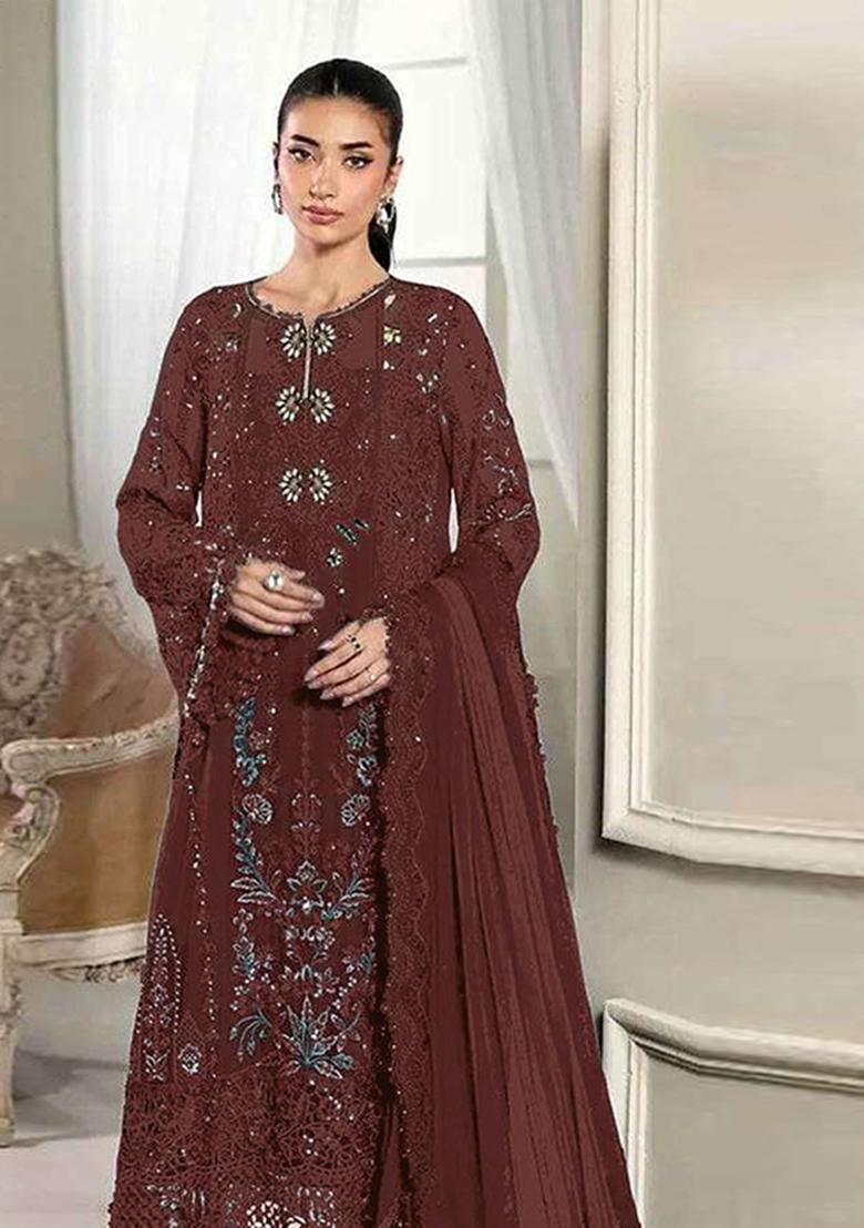 Dark Maroon Embroidered Silk Blend Kurta Set - Indya