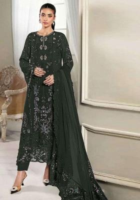 Dark Green Embroidered Silk Blend Kurta Set