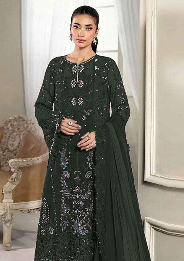 Dark Green Embroidered Silk Blend Kurta Set - Indya