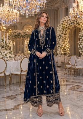 Blue Embroidered Velvet Pakistani Suit