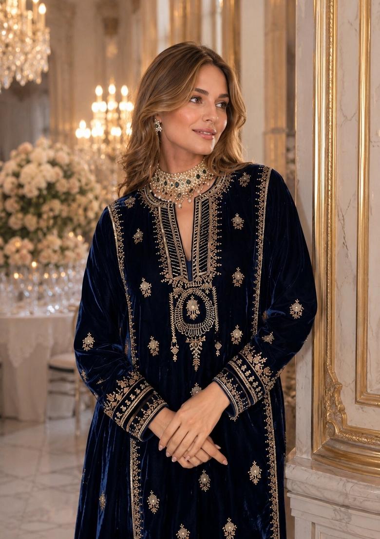 Blue Embroidered Velvet Pakistani Suit - Indya