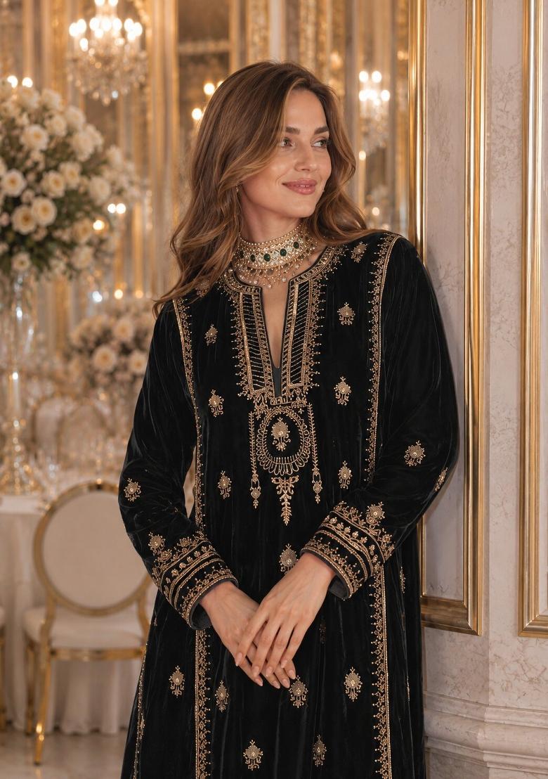 Black Embroidered Velvet Pakistani Suit - Indya