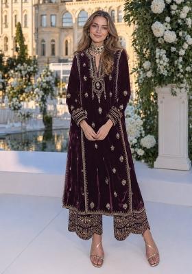Purple Embroidered Velvet Pakistani Suit
