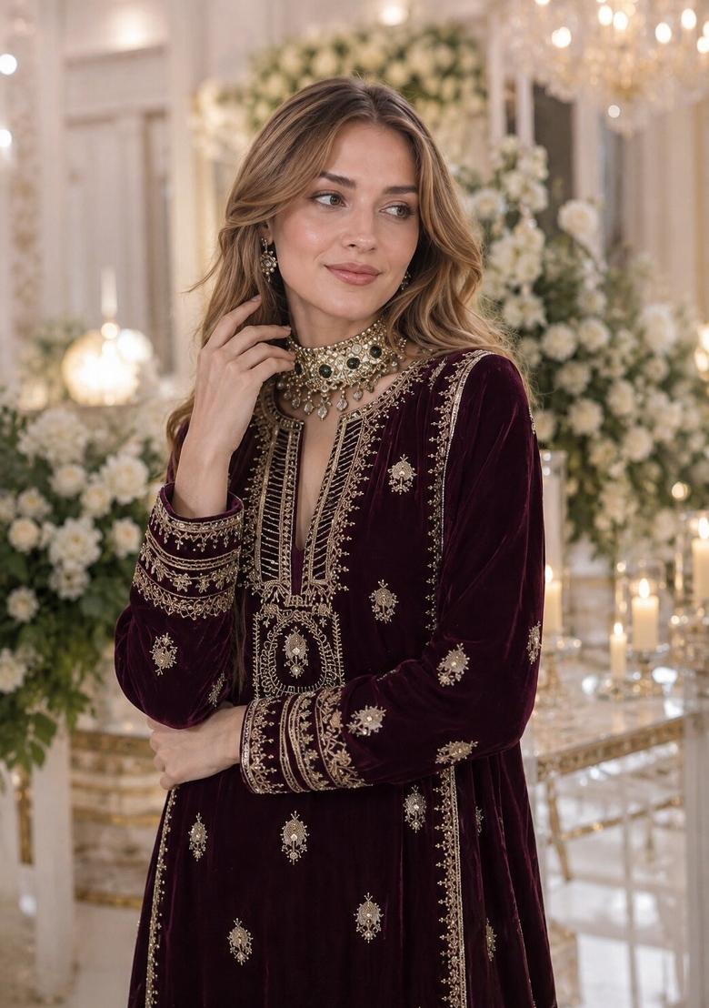 Purple Embroidered Velvet Pakistani Suit - Indya