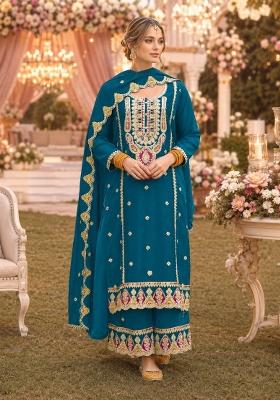 Teal Embroidered Chiffon Salwar Kameez