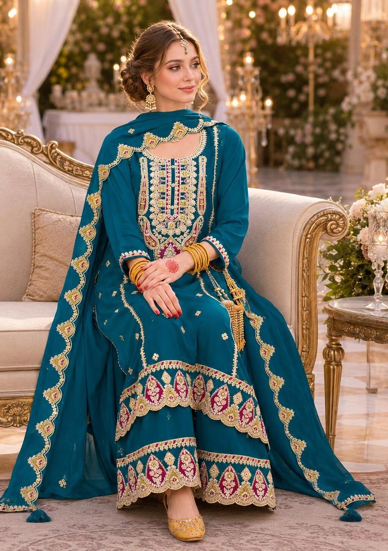 Teal Embroidered Chiffon Salwar Kameez - Indya