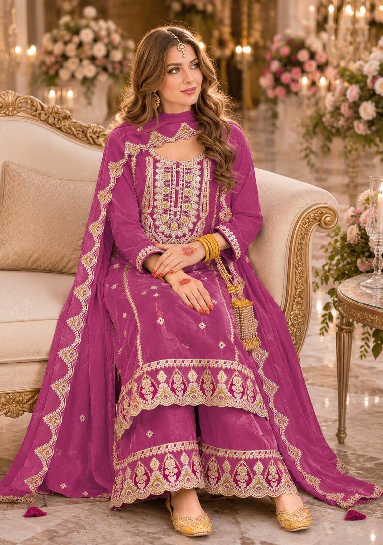 Pink Embroidered Chiffon Salwar Kameez - Indya