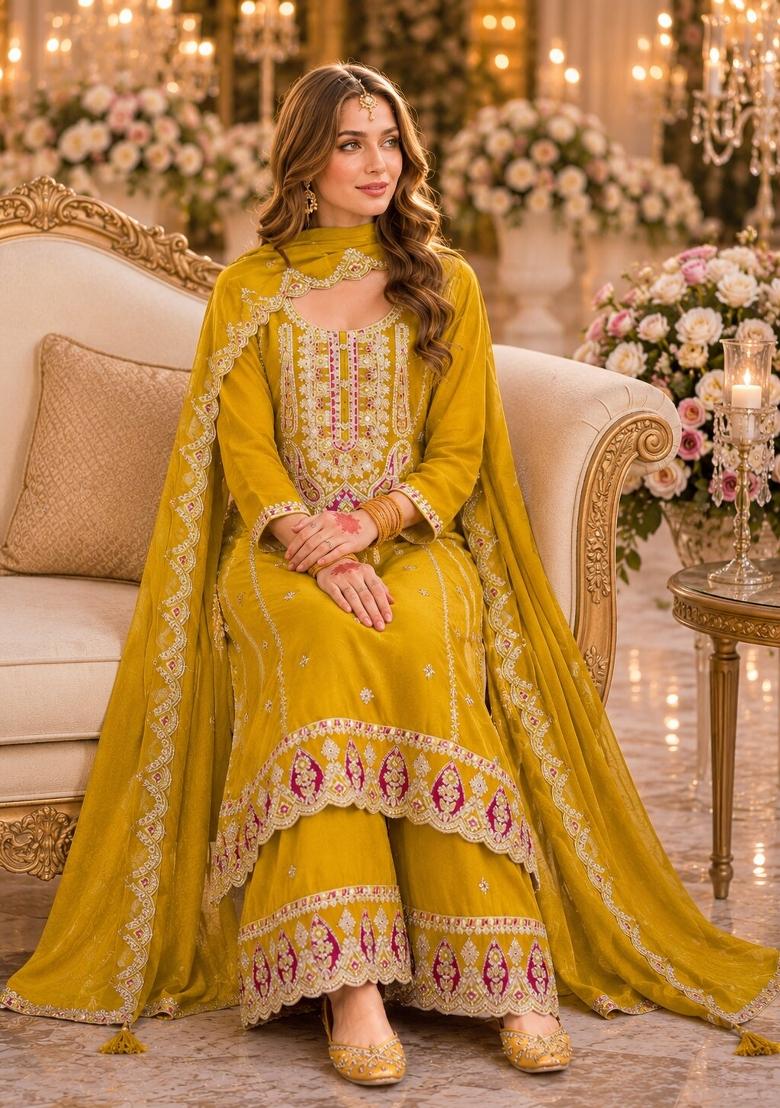 Yellow Embroidered Chiffon Salwar Kameez - Indya