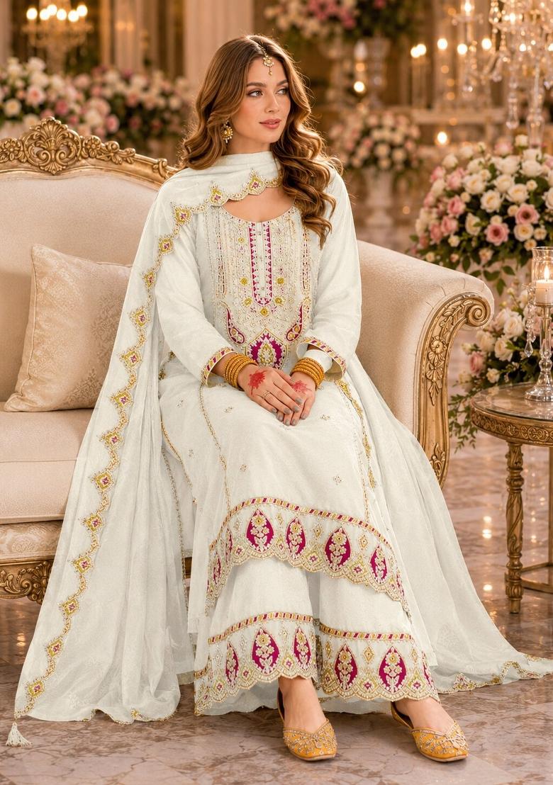 Beige Embroidered Chiffon Salwar Kameez - Indya