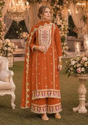 Orange Embroidered Chiffon Salwar Kameez