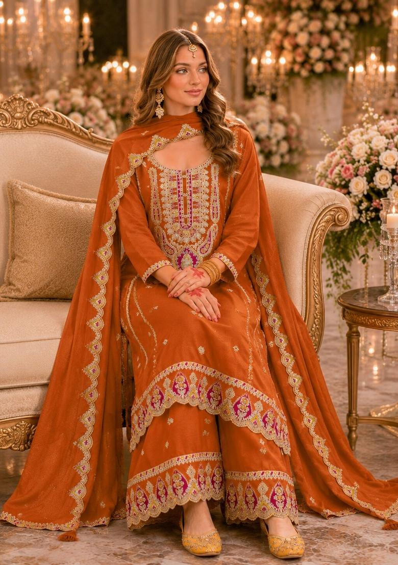 Orange Embroidered Chiffon Salwar Kameez - Indya