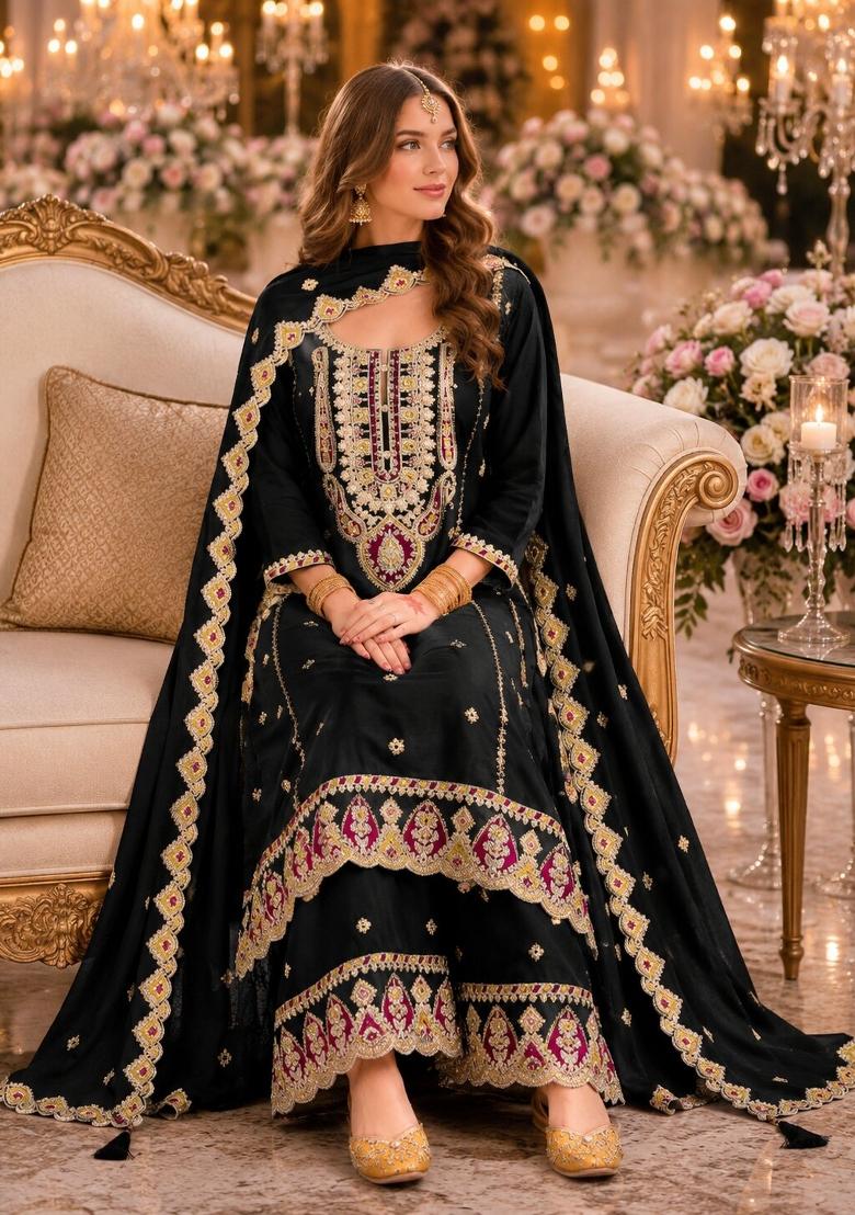 Black Embroidered Chiffon Salwar Kameez - Indya