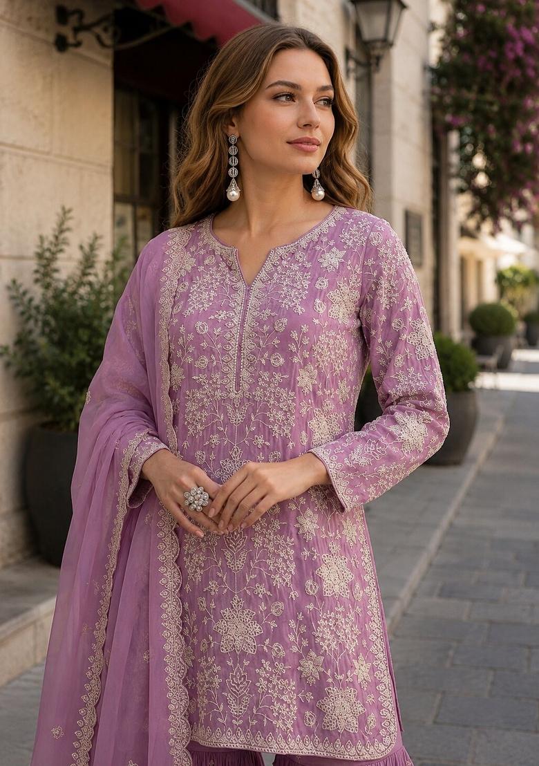 Pink Embroidered Georgette Salwar Kameez - Indya