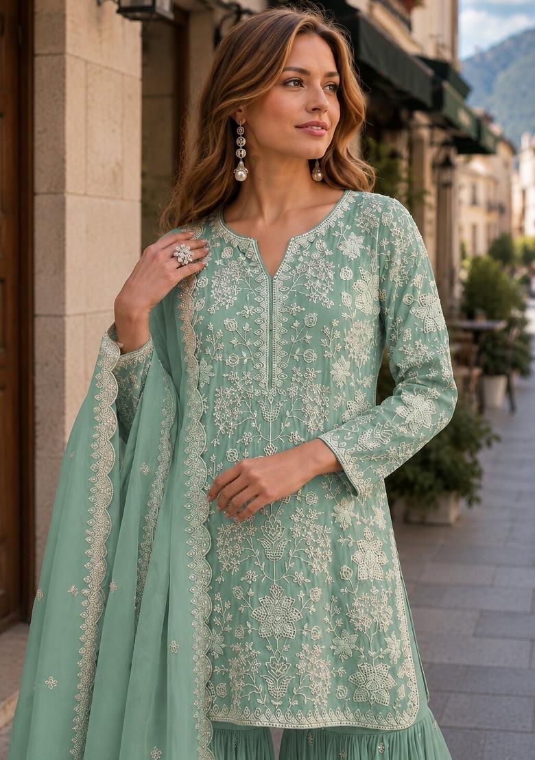 Green Embroidered Georgette Salwar Kameez - Indya