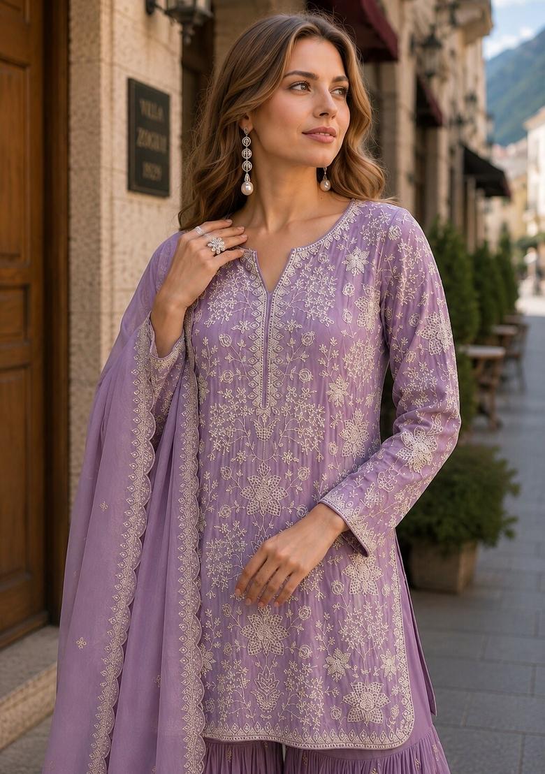 Purple Embroidered Georgette Salwar Kameez - Indya