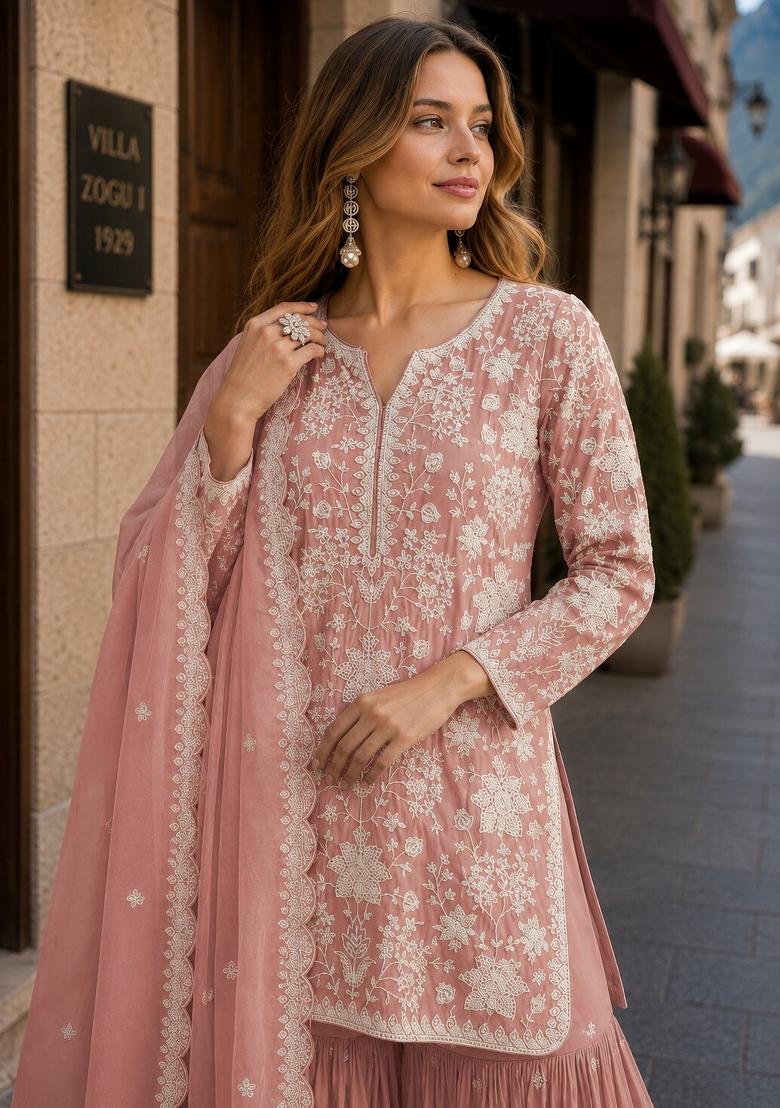 Peach Embroidered Georgette Salwar Kameez - Indya