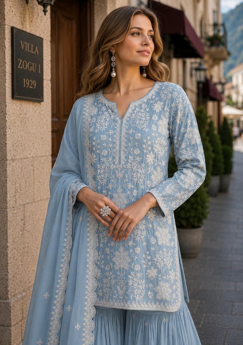 Sky Blue Embroidered Georgette Salwar Kameez - Indya