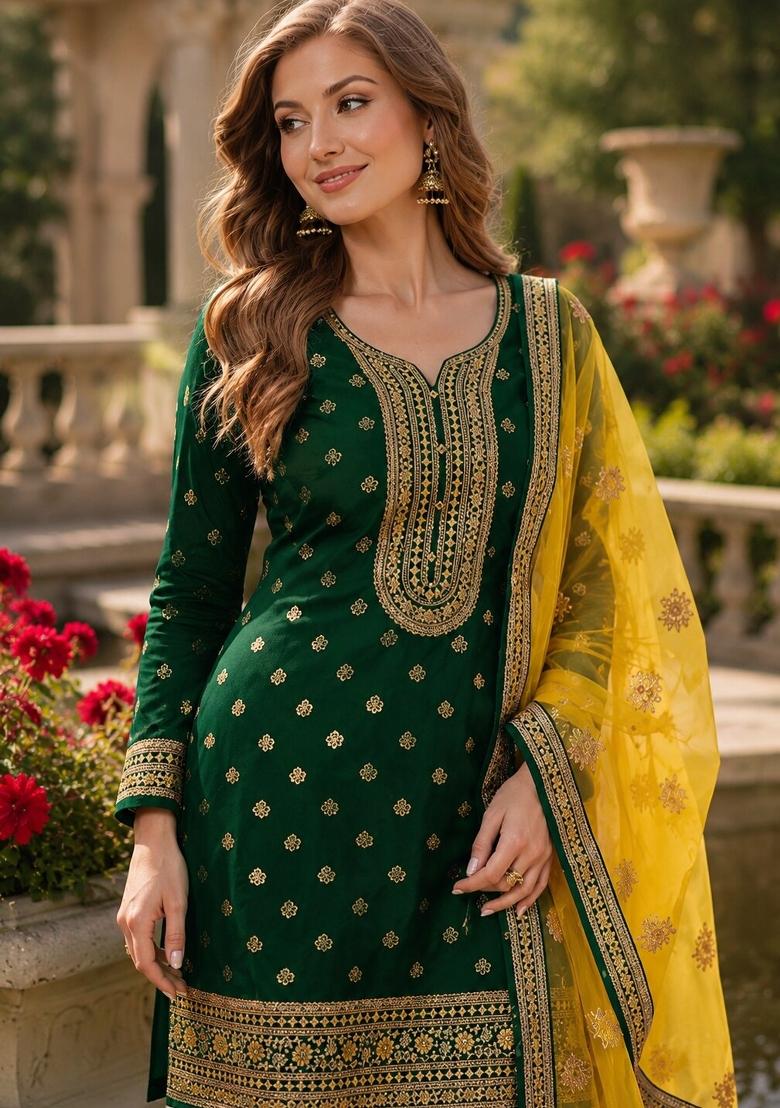Dark Green Embroidered Viscose Salwar Kameez - Indya