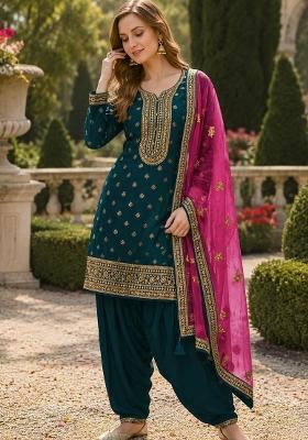 Navy Blue Embroidered Viscose Salwar Kameez