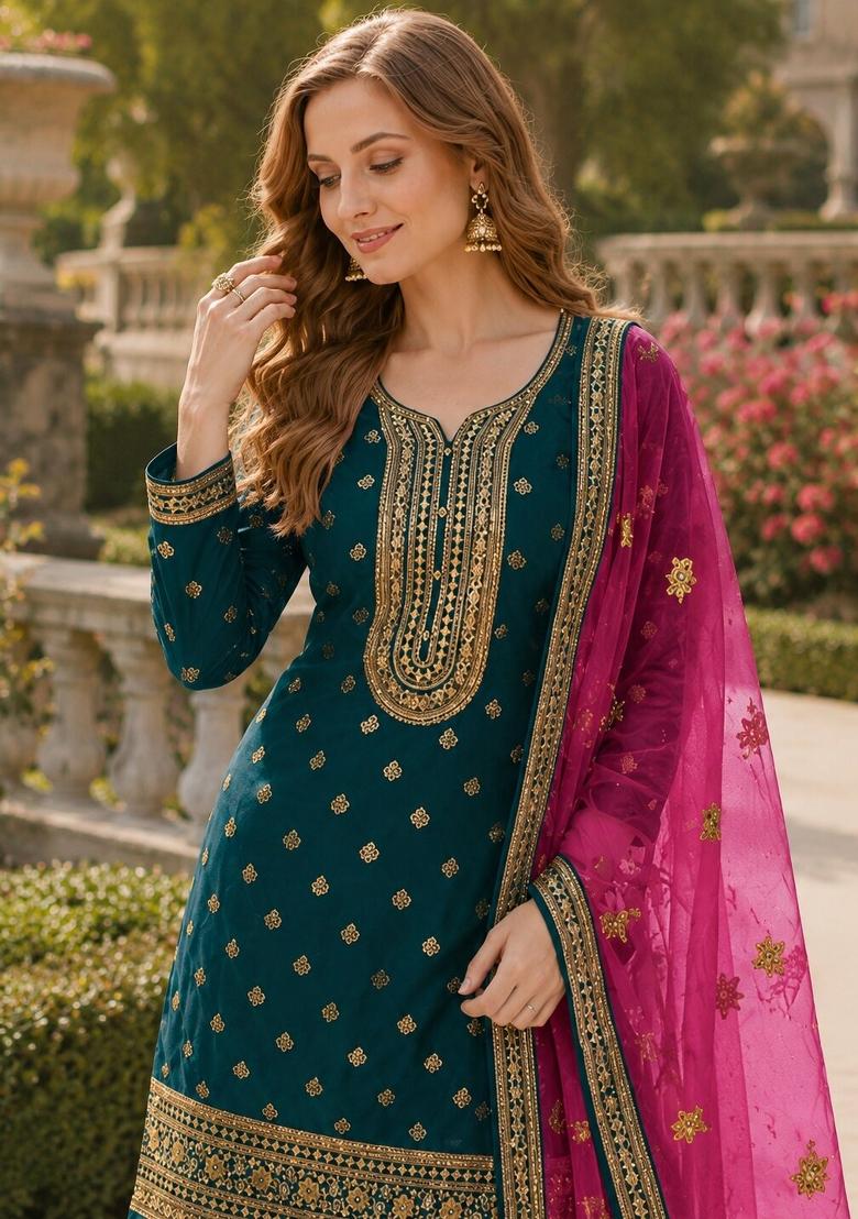 Navy Blue Embroidered Viscose Salwar Kameez - Indya