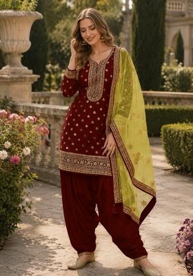 Maroon Embroidered Viscose Salwar Kameez