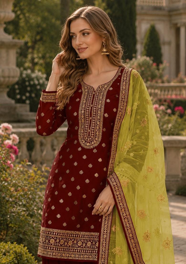 Maroon Embroidered Viscose Salwar Kameez - Indya
