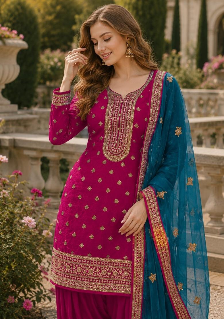 Pink Embroidered Viscose Salwar Kameez - Indya