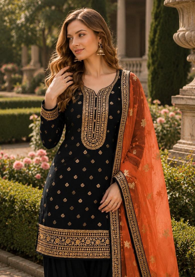 Black Embroidered Viscose Salwar Kameez - Indya