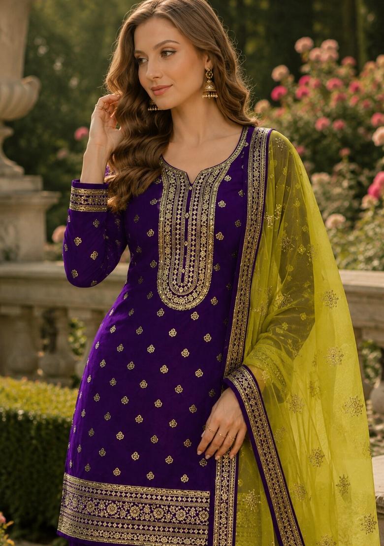 Purple Embroidered Viscose Salwar Kameez - Indya