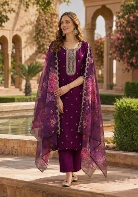 Maroon Embroidered Silk Salwar Kameez