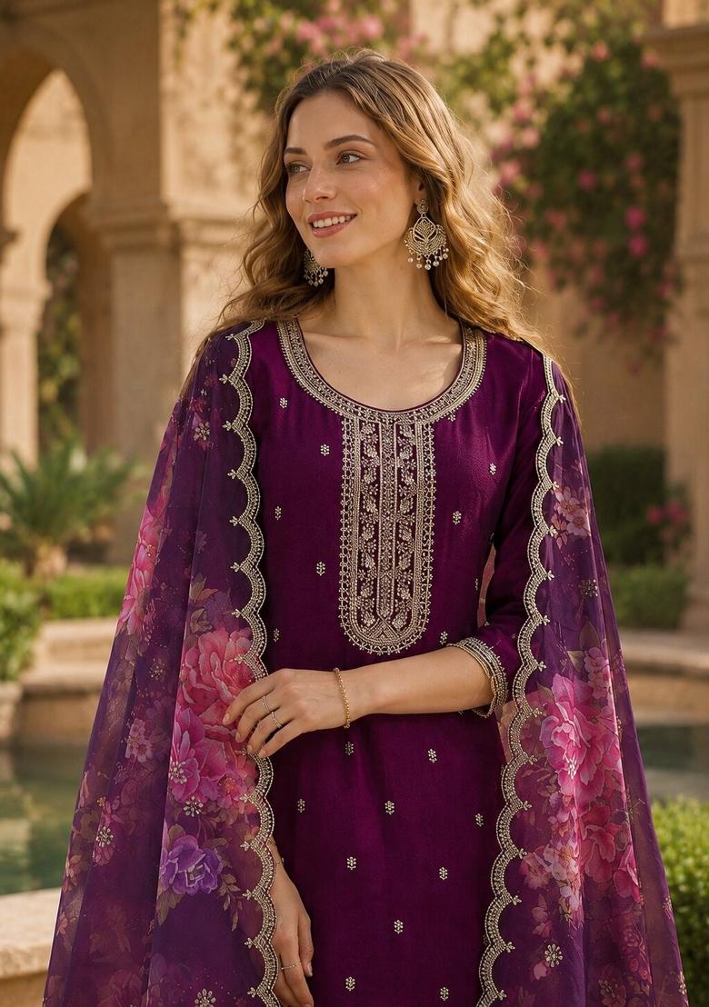 Maroon Embroidered Silk Salwar Kameez - Indya