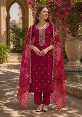 Red Embroidered Silk Salwar Kameez