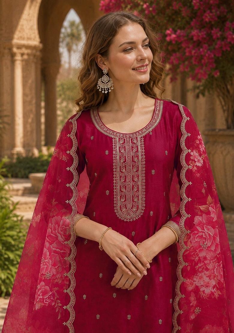 Red Embroidered Silk Salwar Kameez - Indya