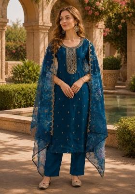 Teal Blue Embroidered Silk Salwar Kameez