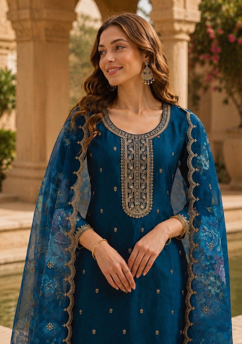 Teal Blue Embroidered Silk Salwar Kameez - Indya