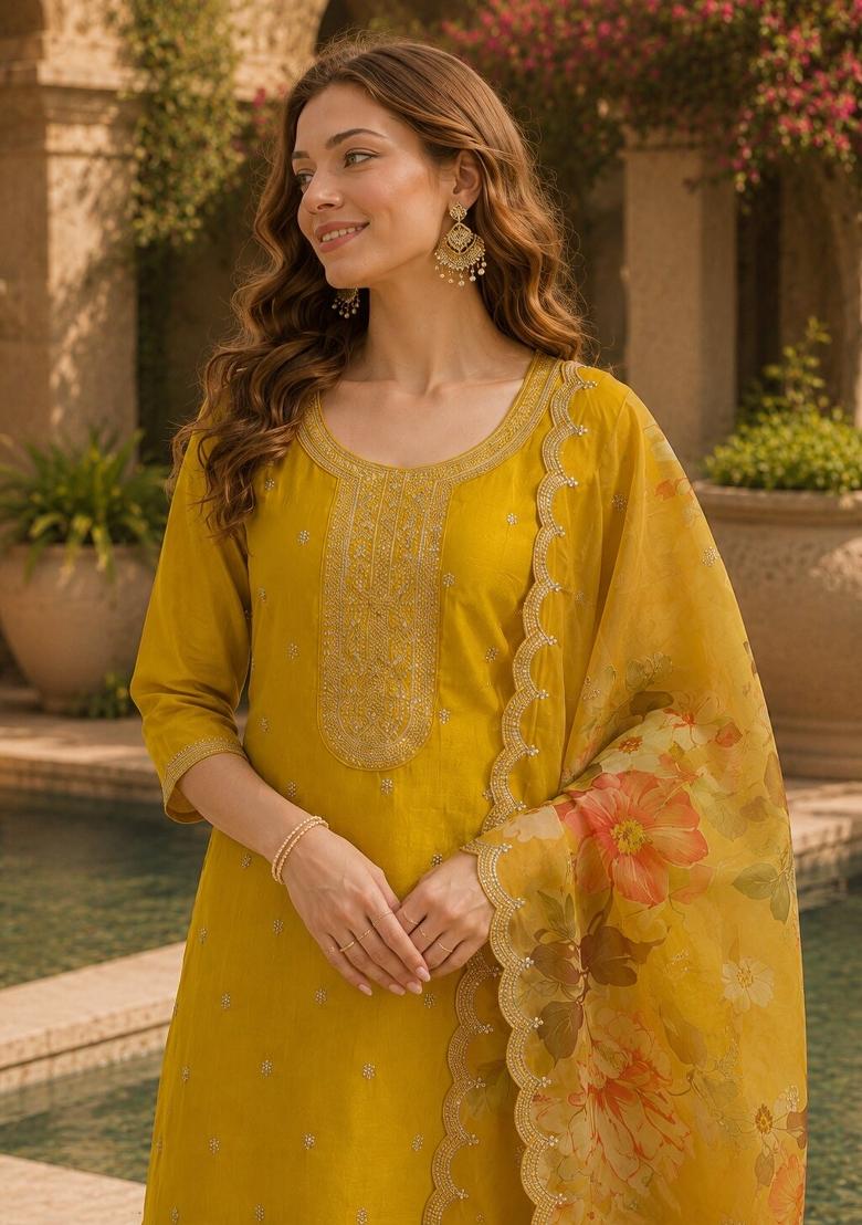 Yellow Embroidered Silk Salwar Kameez - Indya