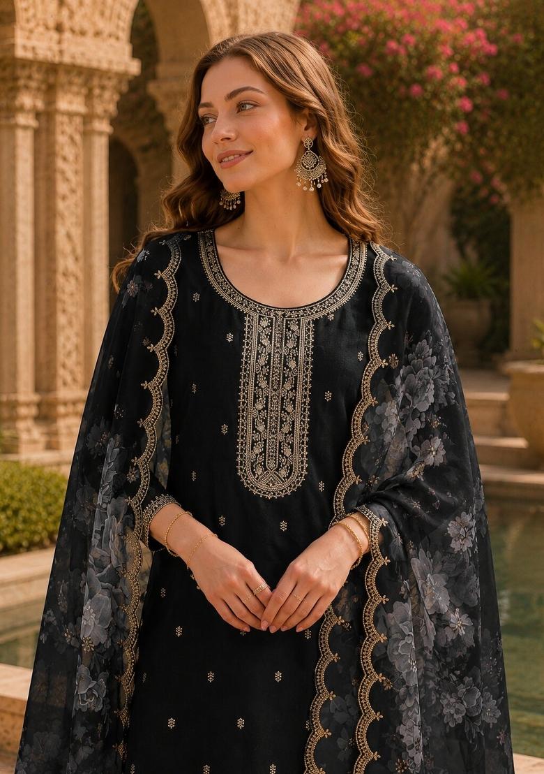 Black Embroidered Silk Salwar Kameez - Indya