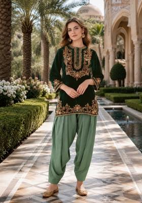 Dark Green Embroidered Velvet Salwar Kameez