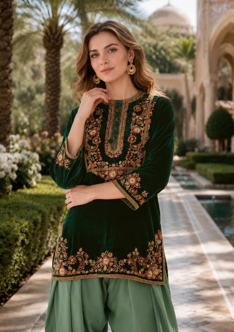 Dark Green Embroidered Velvet Salwar Kameez - Indya