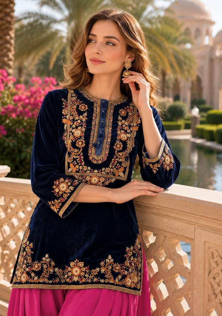 Black Embroidered Velvet Salwar Kameez - Indya