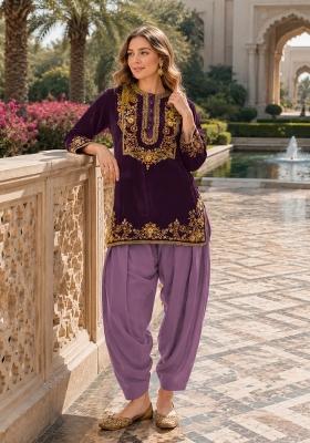 Dark Purple Embroidered Velvet Salwar Kameez
