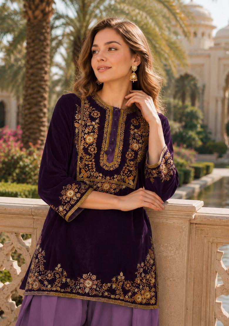 Dark Purple Embroidered Velvet Salwar Kameez - Indya