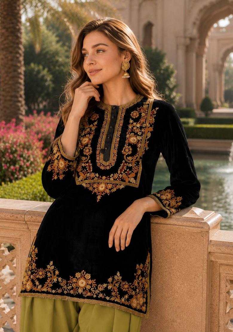 Black Embroidered Velvet Salwar Kameez - Indya