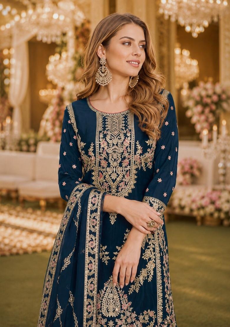 Teal Sequins Silk Salwar Kameez - Indya