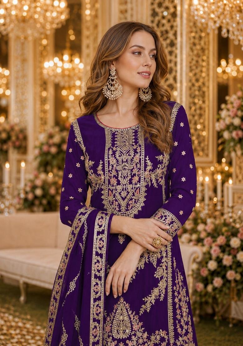 Purple Sequins Silk Salwar Kameez - Indya