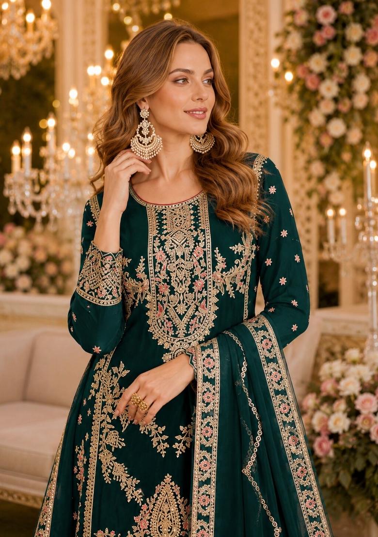 Green Sequins Silk Salwar Kameez - Indya
