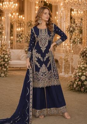 Navy Blue Sequins Silk Salwar Kameez