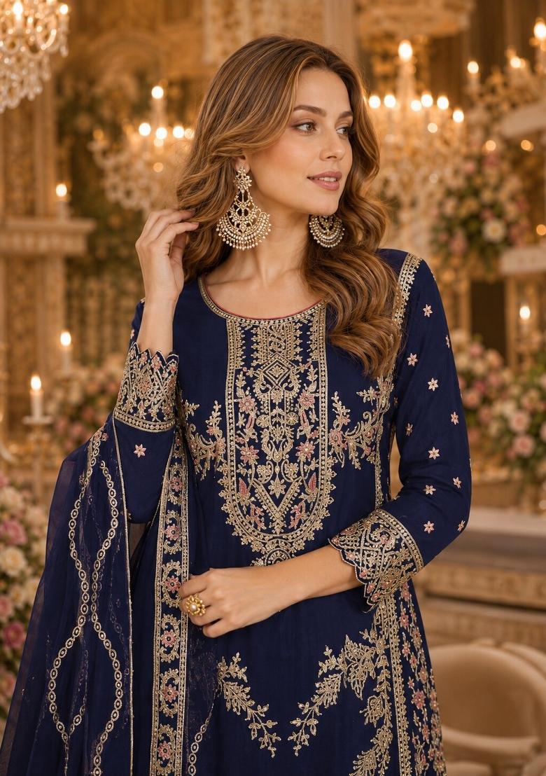 Navy Blue Sequins Silk Salwar Kameez - Indya