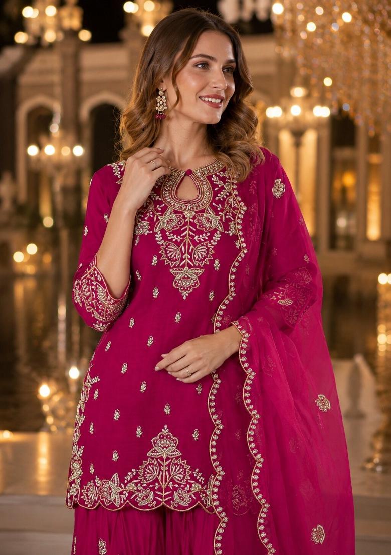 Magenta Embroidered Silk Salwar Kameez - Indya