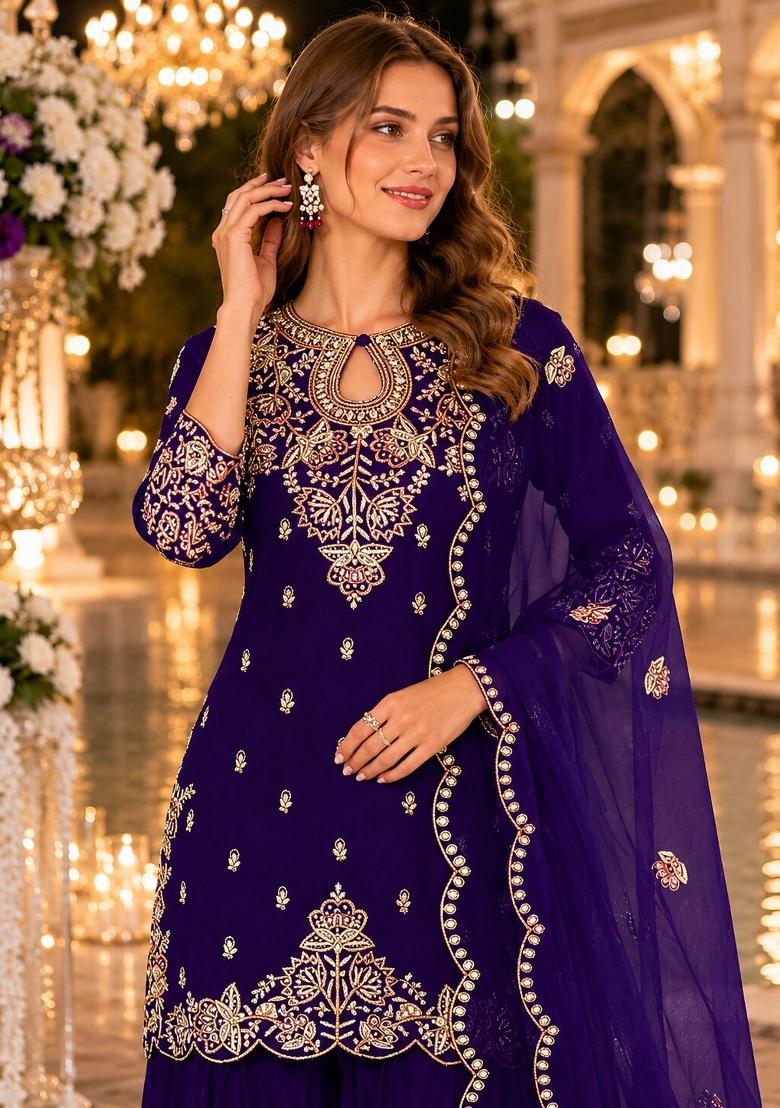 Purple Embroidered Silk Salwar Kameez - Indya